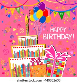 Birthday card. Celebration pink background with gift boxes, Balloons, Birthday cake and place for your text. vector illustration