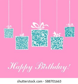 Birthday card. Celebration pink background with mint gift boxes and place for your text. vector illustration