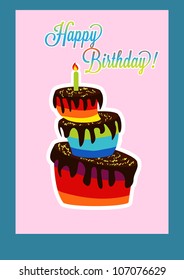 Birthday card. Celebration red background with Birthday cake, gift boxes and place for your text. vector illustration