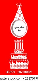 Birthday card. Celebration red background with Birthday cake and place for your photo. vector illustration 