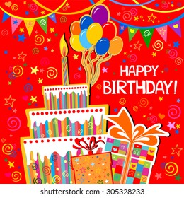 Birthday card. Celebration red background with gift boxes, Balloons, Birthday cake and place for your text. vector illustration