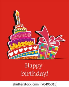 Birthday Card. Celebration Red Background With Birthday Cake, Gift Boxes And Place For Your Text. Vector Illustration