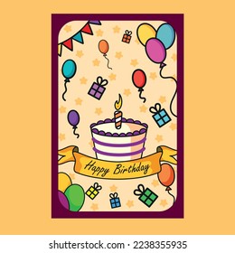 birthday card, celebration, vector design, flat colors, happy birthday, balloon and gifts