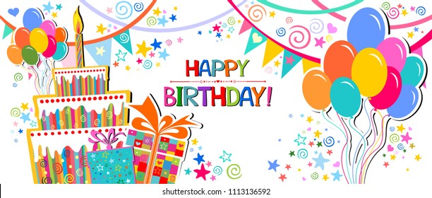 Birthday card. Celebration white background with gift boxes, Balloons, Birthday cake and place for your text. vector illustration