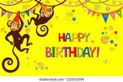 Birthday card. Celebration yellow background with monkey, garland, stars and place for your text. Greeting, invitation card or flyer. Vector illustration. 