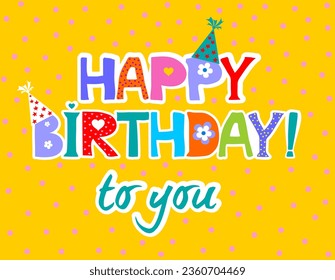 Birthday card. Celebration yellow background with Party hat, note, starts and place for your text. Horizontal banner. Greeting, invitation card or flyer. illustration for typography banners, posters.