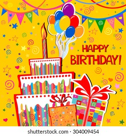 Birthday card. Celebration yellow background with gift boxes, Balloons, Birthday cake and place for your text. vector illustration