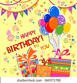 Birthday card. Celebration yellow background with  balloons, gift boxes and place for your text. vector illustration