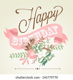 Birthday card in chalkboard calligraphy style with cute flowers 