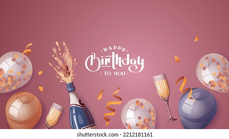 Birthday card with Champagne, glass, balloons and handwritten phrase. Birthday party, celebration, holiday, event, festive, congratulations concept. Vector illustration. Postcard, card, cover.