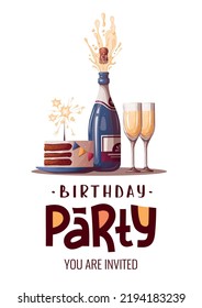 Birthday card with Champagne, glass and cake. Handwritten text. Birthday party, celebration, holiday, event, festive, congratulations concept. Vector illustration. Postcard, card, cover.