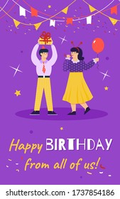Birthday card with characters celebrating birthday party vector illustration.