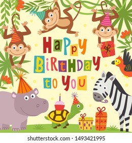 birthday card with cheerful jungle animals - vector illustration, eps    
