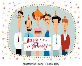 Birthday Card. Cheerful Office Colleagues Congratulate. Vector Full Color Graphics With Cute Characters