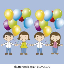 Birthday card with children and balloon over blue background