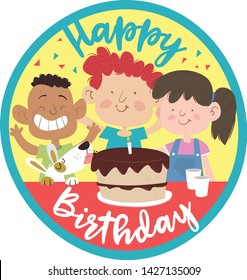 Birthday card with children, cake and dog