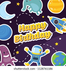 Birthday card for children with Space,Astronaut,Alien theme