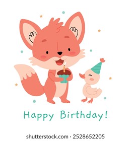 Birthday card. Children's characters fox and duck blow out a candle on a cupcake.