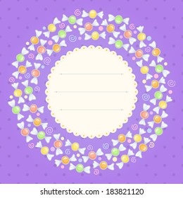 Birthday card with circular frame made from candies on purple background. Vector illustration