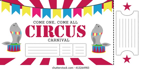 Birthday card with Circus Ticket pass design Template. Vector Illustration