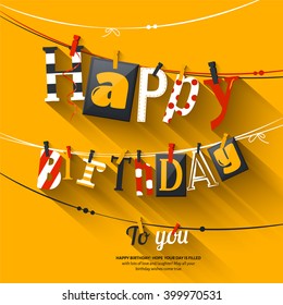 Birthday card. Clothespin and colorful letters hang on rope. Vector.