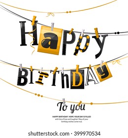 Birthday card. Clothespin and colorful letters hang on rope. Vector.