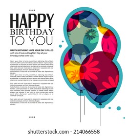 Birthday card with color balloons, flowers and birthday text.