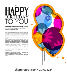 Birthday card with color balloons, flowers and birthday text.