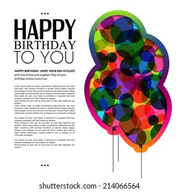 Birthday card with color balloons and birthday text.