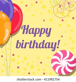birthday card with colored balloons and lollipop, vector illustration