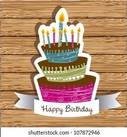 birthday card with colored cake on wood background,  vector illustration