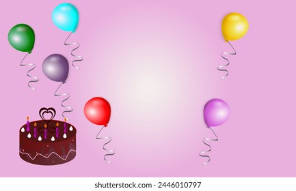 birthday card with colorful balloons and chocolate cake.birthday party.pink background,template,poster,banner.celebrate party,birthday,valentine's day,mother's day, father's day,Christmas,event