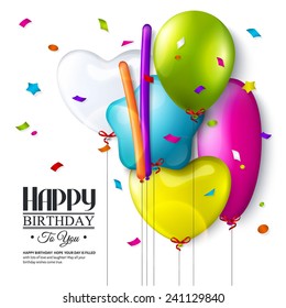 Birthday card with colorful balloons and confetti.