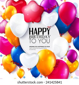 Birthday card with colorful balloons and confetti.