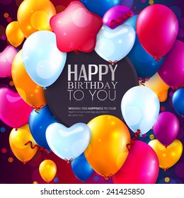 Birthday card with colorful balloons and confetti.