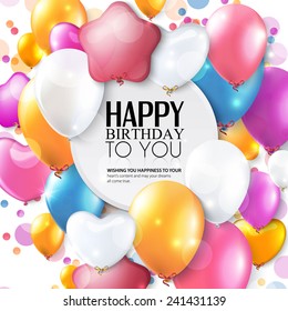 Birthday card with colorful balloons and confetti.