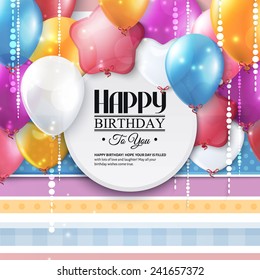 Birthday card with colorful balloons and confetti.