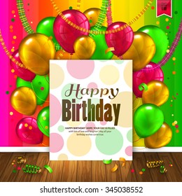 Birthday card with colorful balloons, confetti, wooden floor and paper with wishes text.