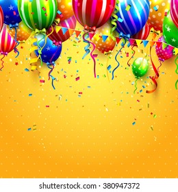 Birthday card with colorful balloons and confetti on orange background