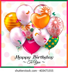 Birthday card with colorful balloons and confetti. Vector.