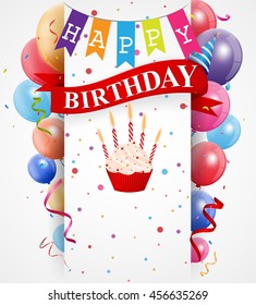 Birthday card with colorful balloons and confetti