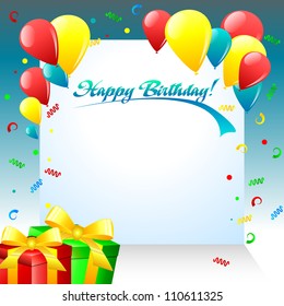 Birthday card with colorful balloons, gifts and ribbons