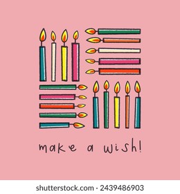 Birthday card with colorful cartoon candles illustration on pink background. Sticker style greeting card in retro style. Cute postcard for child or design for your brand.