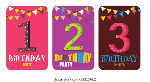 Birthday Card colorful fun vector. Happy Birthday Anniversary Numbers Invitation Card Template. Birthday banner event design celebrate. Holiday party banner anniversary carnival invitation.