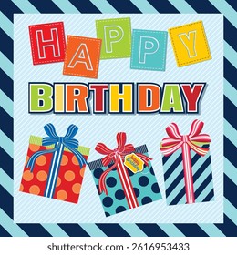 Birthday card with colorful lettering and gifts