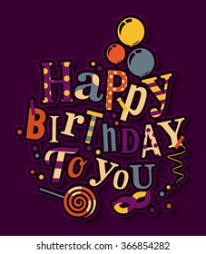 Birthday card. Colorful letters, balloons, masquerade and lollipop. Vector.