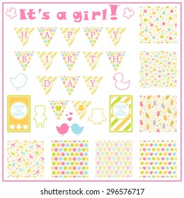 Birthday card in colorful style. Baby girl arrival card. Baby shower card. Colorful theme garland. Set of objects. Seven seamless patterns with owls, buttons, icecreams and other. Vector illustration