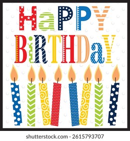 Birthday card with colorful text and candles