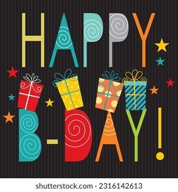 Birthday card with colorful text and gifts