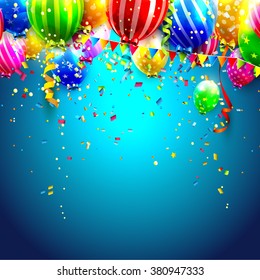 Birthday card with colorful transparent balloons and confetti on blue background